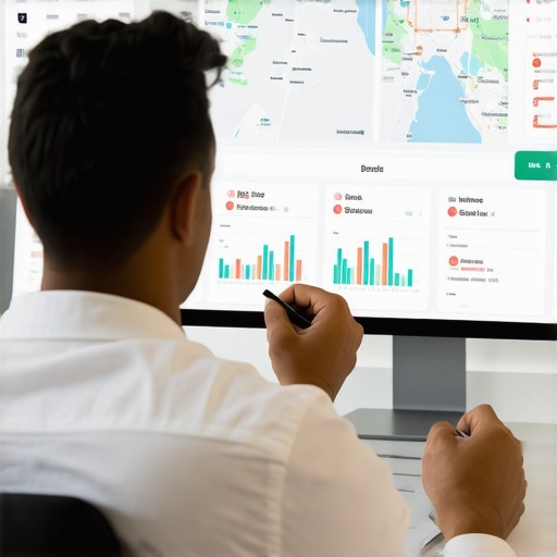 Person analyzing local SEO metrics and maps on a digital dashboard.