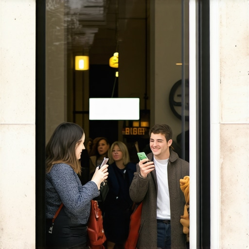 Customers leaving reviews on smartphones outside a Fort Wayne storefront