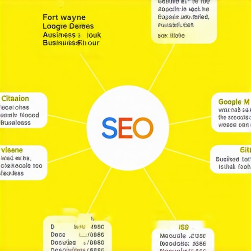 Diagram illustrating local SEO strategies for Fort Wayne businesses, including Google My Business, citations, reviews, and keywords.