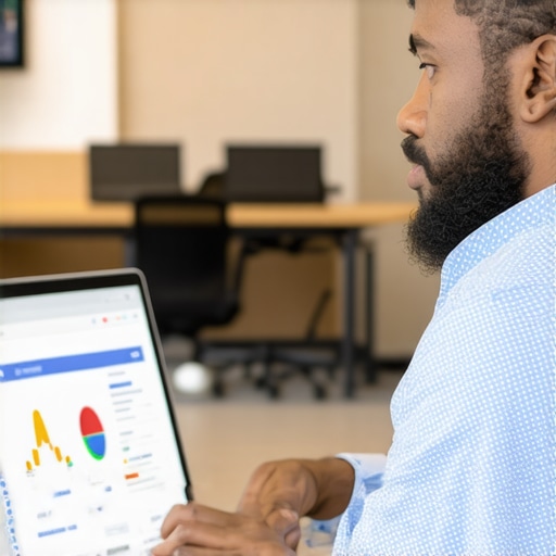 Business owner updating Google My Business profile on a laptop in Fort Wayne office.