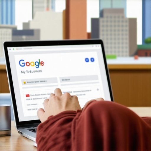 Person editing Google My Business profile with Fort Wayne landmarks on screen.