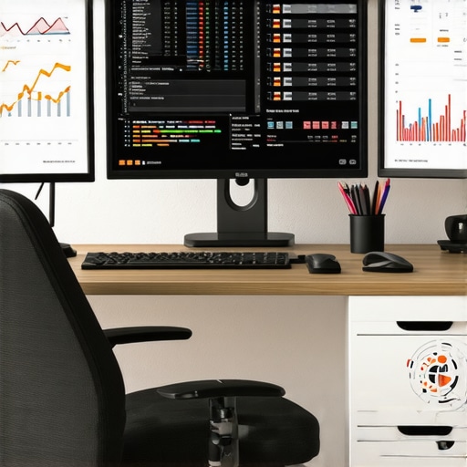 SEO professional workspace with dual monitors displaying SEO analytics and citation management tools