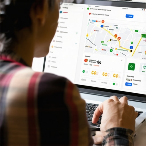 Business owner analyzing local SEO performance on a laptop, emphasizing tools used for maintaining Indiana Maps rankings.