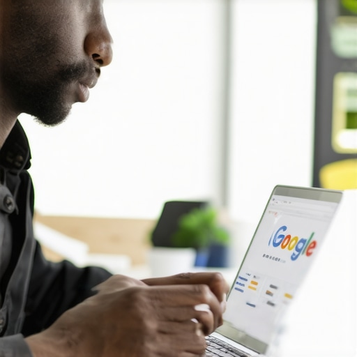 Local SEO Expert Analyzing Google Profiles Person reviewing Google My Business profiles on a laptop in an office setting.