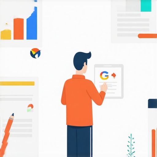 Business owner editing Google My Business profile with SEO icons.