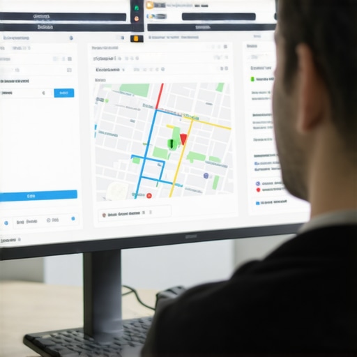 Business owner reviewing SEO analytics on a laptop with local maps displayed in background.