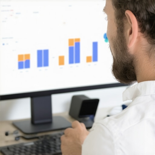 Business owner reviewing local SEO data on a computer with graphs and charts to track Indiana Maps rankings