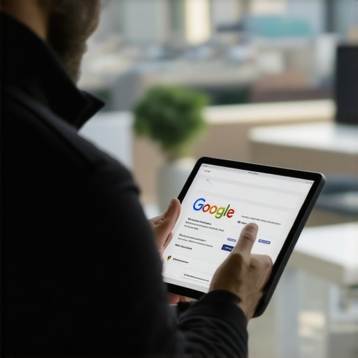 Business owner optimizing Google profile with Fort Wayne city skyline