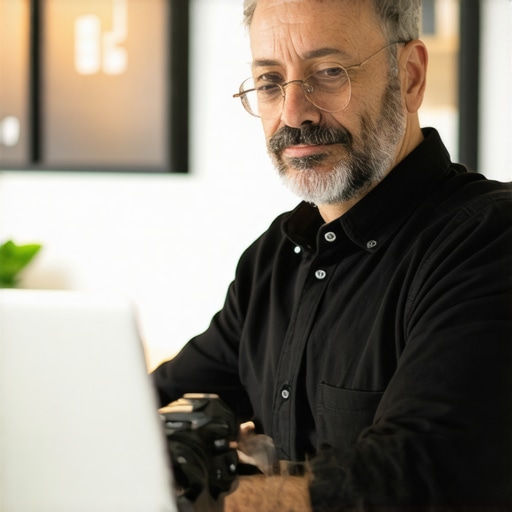 Business owner optimizing Google Business profile on laptop in office setting