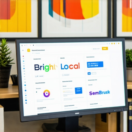 A workspace showing BrightLocal and SEMrush dashboards on a computer screen for local SEO management