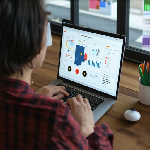 Person analyzing local SEO data on a laptop with Indiana maps in the background.